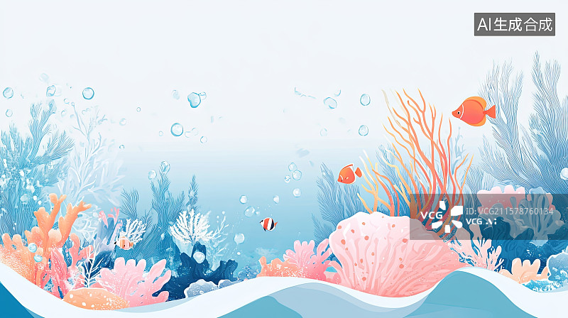 【AI数字艺术】海底世界五彩珊瑚礁热带鱼卡通手绘背景插画图片素材