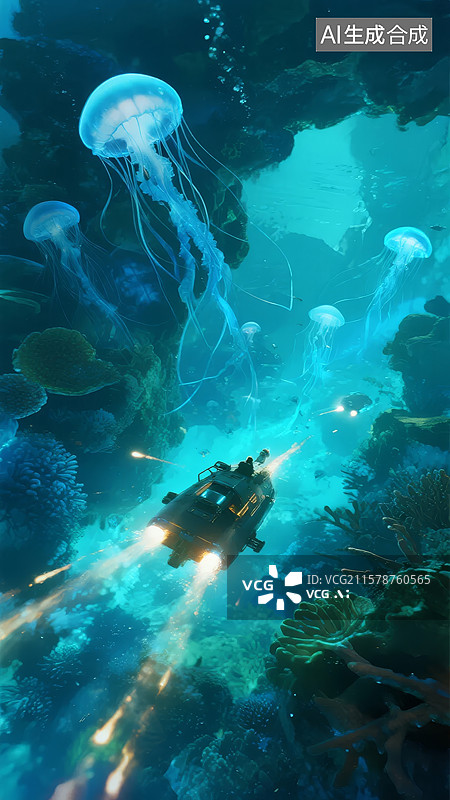 【AI数字艺术】深海探险：潜水艇与水母共舞图片素材