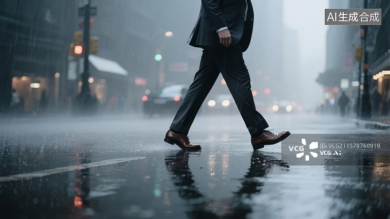 【AI数字艺术】雨中行人穿越城市街道图片素材