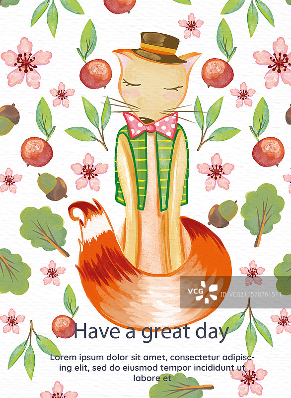 漂亮的水彩卡片，上面有花朵和狐狸图片素材