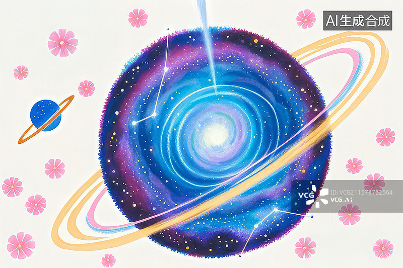 【AI数字艺术】宇宙星环与粉色花朵的梦幻组合图片素材