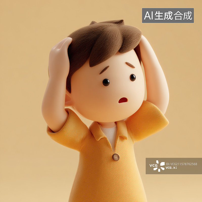 【AI数字艺术】抱着脑袋的男孩3D人物插画图片素材