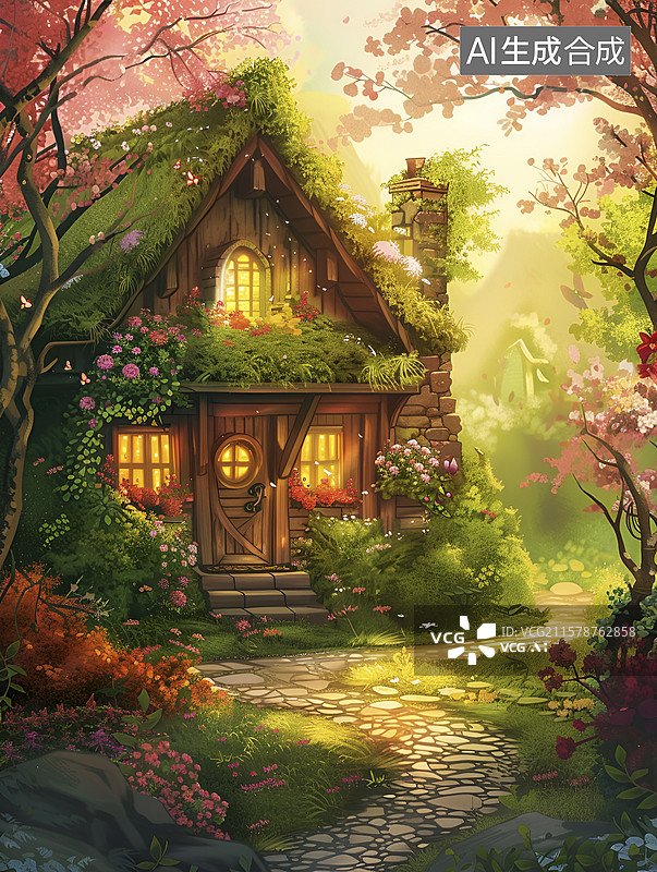 【AI数字艺术】童话风格的森林小屋与繁花图片素材