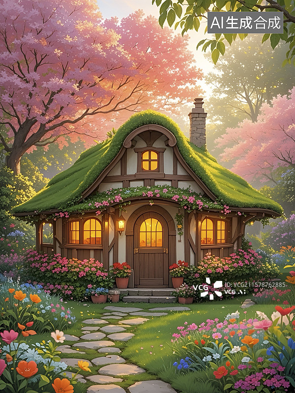 【AI数字艺术】童话风格的森林小屋与繁花图片素材