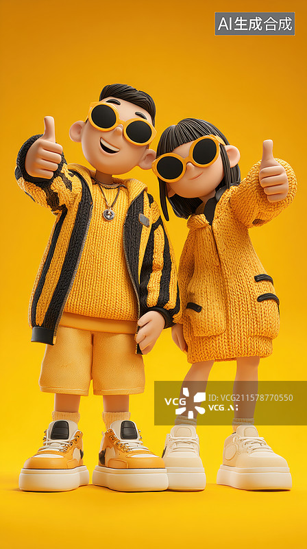 【AI数字艺术】黄色背景下的卡通人物比赞图片素材