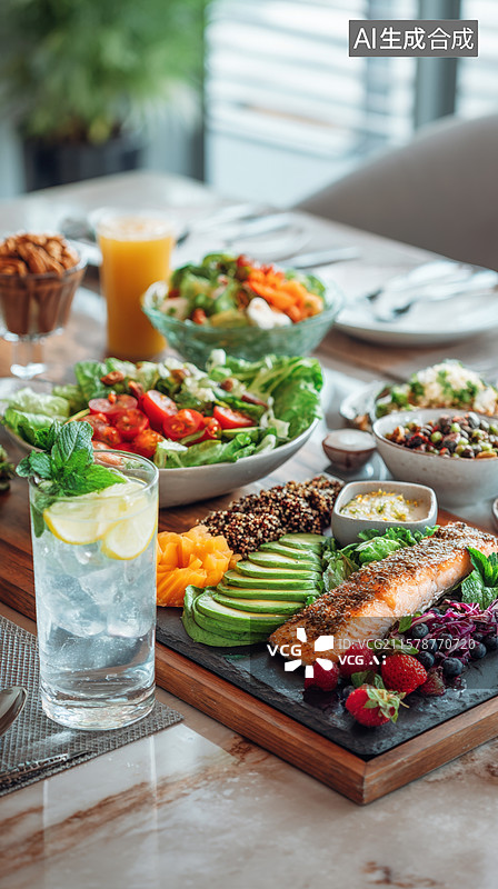 【AI数字艺术】健康美食：三文鱼配沙拉与饮品图片素材