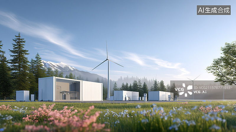【AI数字艺术】风电光伏储能新型电力系统概念风景插画图片素材