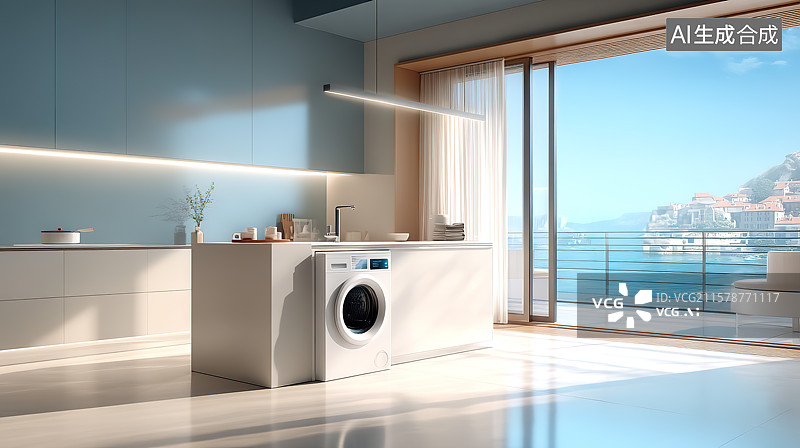 【AI数字艺术】明亮洁净的室内空间里一台洗衣机特写图片素材