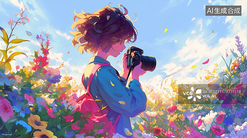 【AI数字艺术】花海中拍照的少女图片素材