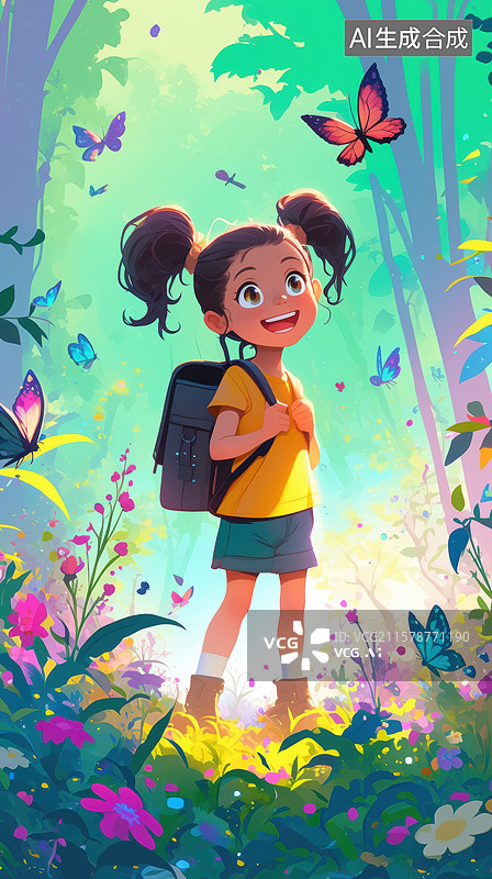 【AI数字艺术】女孩在蝴蝶环绕的森林中微笑图片素材