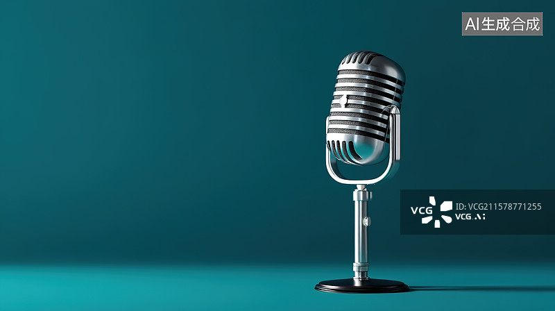 【AI数字艺术】蓝色背景下舞台上的麦克风话筒特写插画图片素材