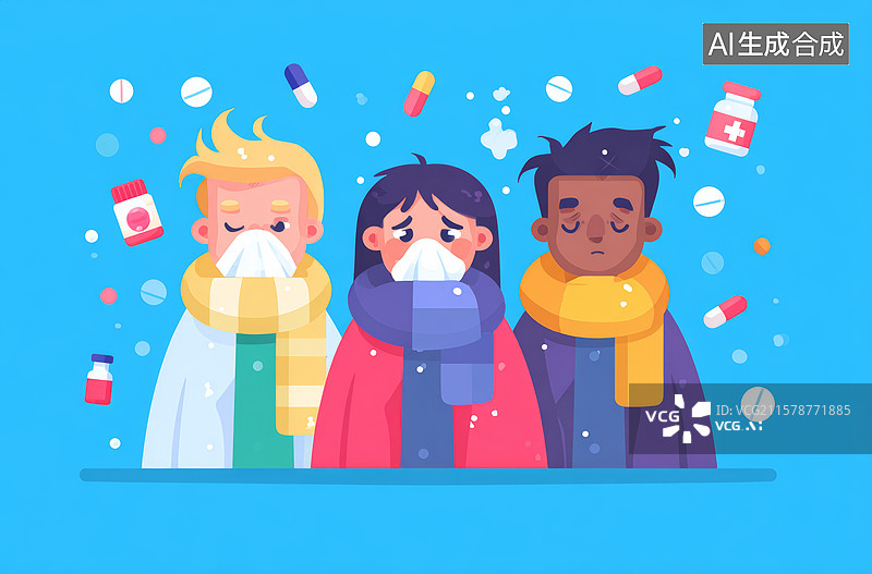 【AI数字艺术】冬季感冒，三人围巾遮面图片素材