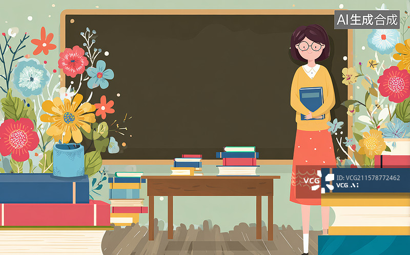 【AI数字艺术】教室里的老师与鲜花图片素材