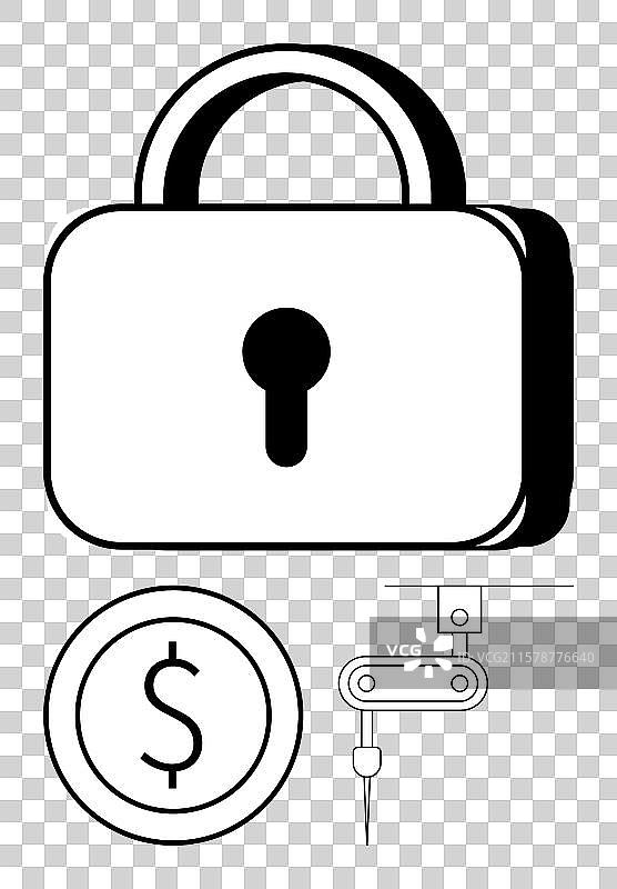 带有货币符号和工业工具的挂锁图片素材