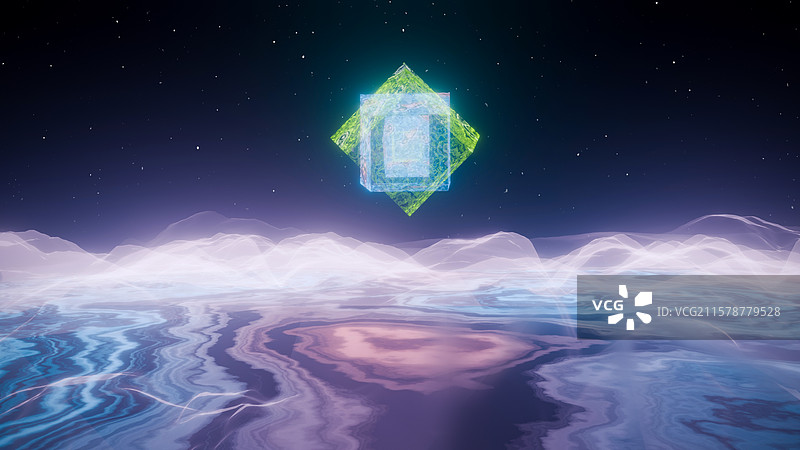 全息投影下的星空银河下雪山河流立方体图片素材