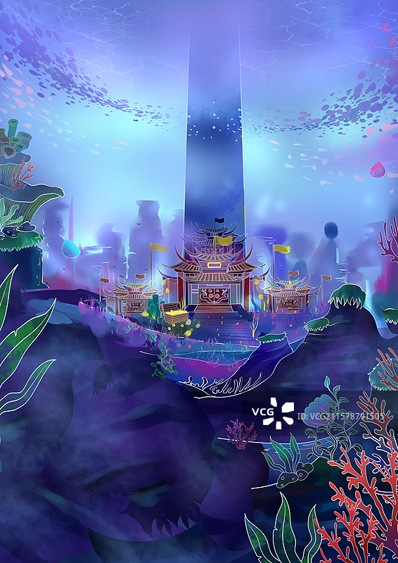 中国古代神话西游记东海龙宫海底世界定海神针金箍棒氛围场景概念插画图片素材