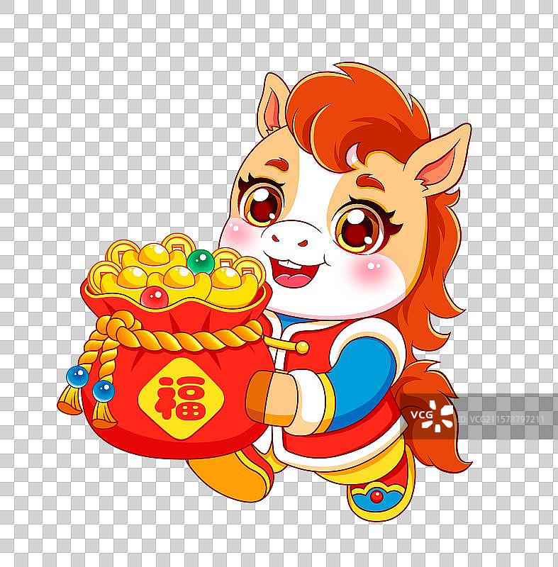 马年马卡通形象男福娃抱福袋图片素材