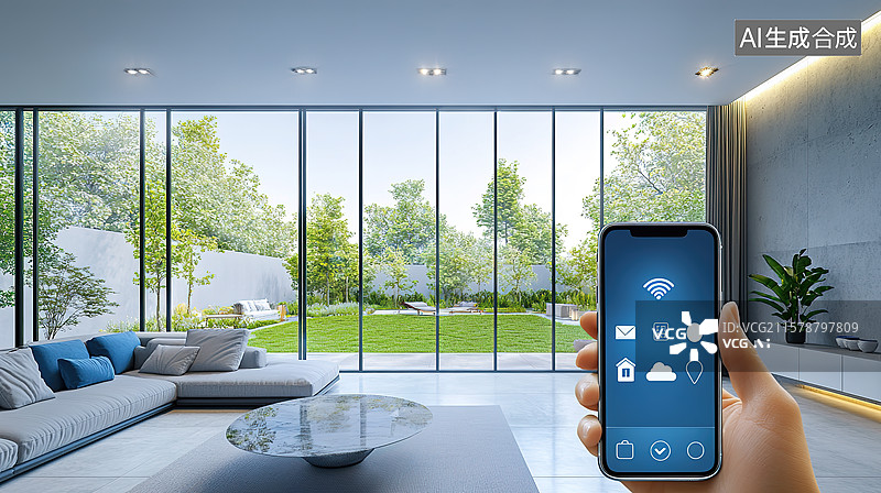 【AI数字艺术】手机远程控制现代客厅智能家居科技概念图片图片素材