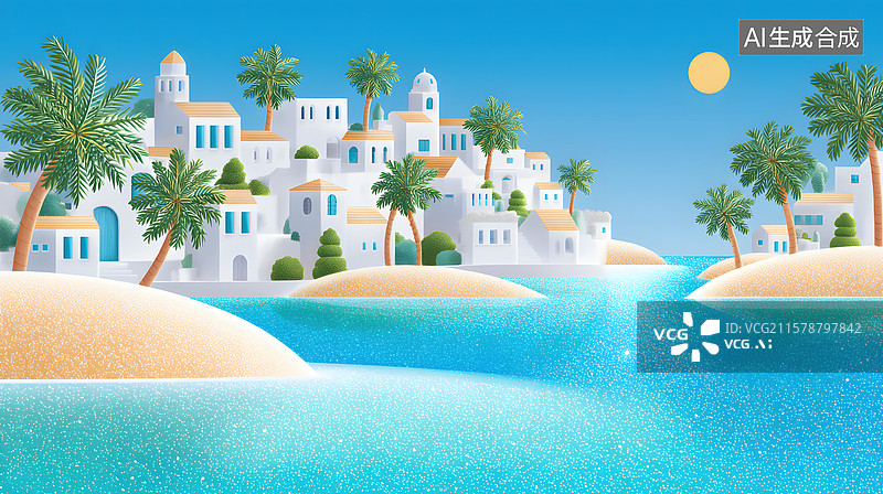 【AI数字艺术】卡通海边沙滩现代都市图片素材