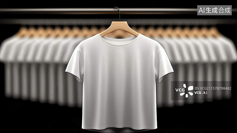 【AI数字艺术】黑色背景下挂在衣架上的一排白色T恤和服装纺织零售行业概念图片素材