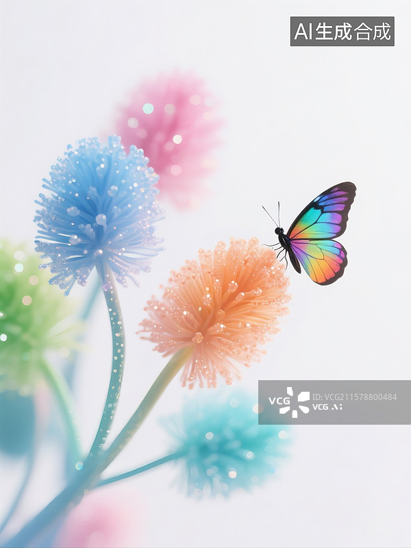 【AI数字艺术】微观世界，合欢花，有蓝色，粉色，橙色，绿色，青色，渐变色，朦胧柔美，旁边停着一只彩色闪蝶，色彩缤纷图片素材
