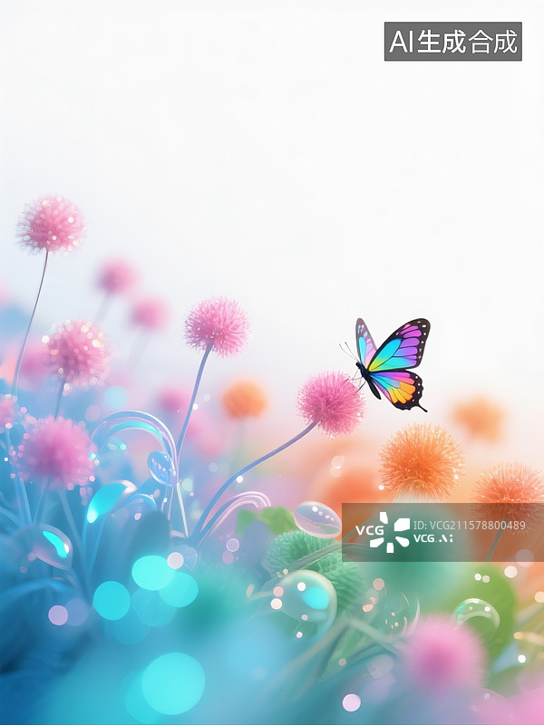 【AI数字艺术】微观世界，合欢花，有蓝色，粉色，橙色，绿色，青色，渐变色，朦胧柔美，旁边停着一只彩色闪蝶，色彩缤纷图片素材