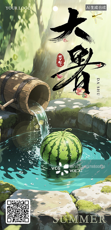 【AI数字艺术】大暑节气清凉井水西瓜海报图片素材