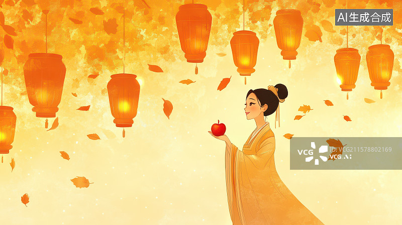 【AI数字艺术】​​古装佳人秋叶红苹果图​​图片素材