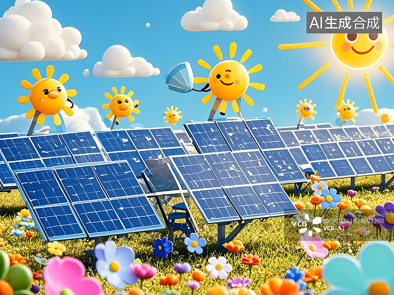 【AI数字艺术】光伏太阳能板，卡通图片素材