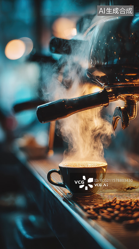 【AI数字艺术】咖啡机冲泡热饮，蒸汽袅袅升起图片素材