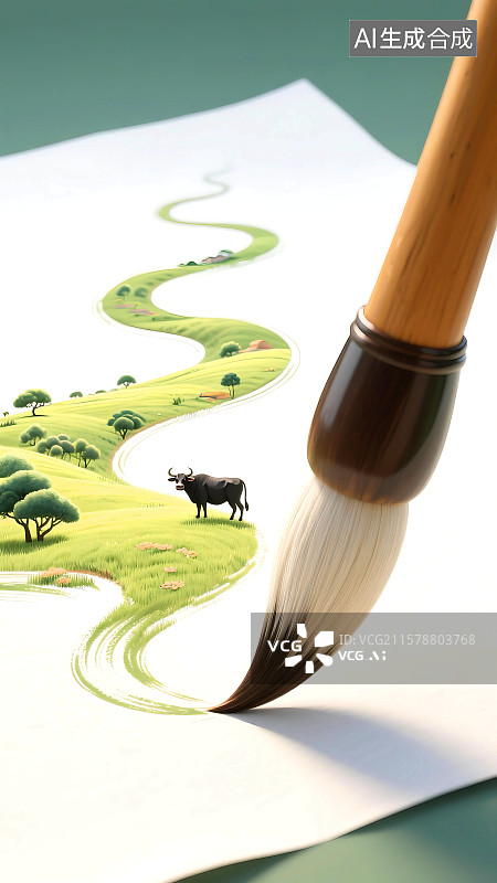 【AI数字艺术】3D立体三维C4D中国画山水画水墨画水彩画新中式传统文化中国文化国潮风国风毛笔画出草原和牛图片素材