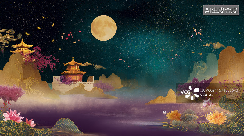 【AI数字艺术】中秋节元宵节国风意境插画背景图片素材