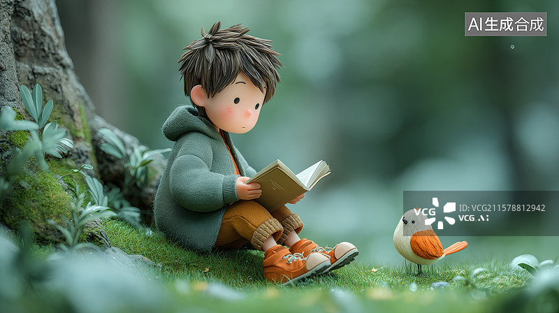 【AI数字艺术】林间阅读，小鸟相伴图片素材