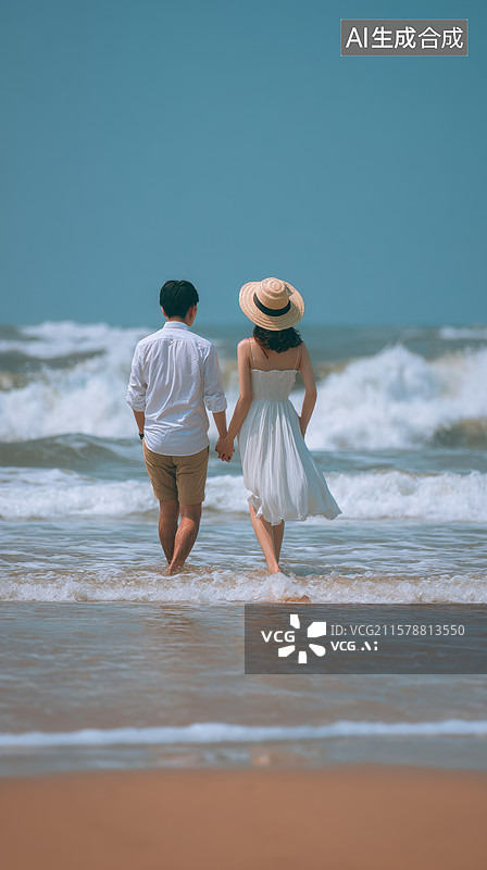 【AI数字艺术】情侣手牵手在海边散步图片素材
