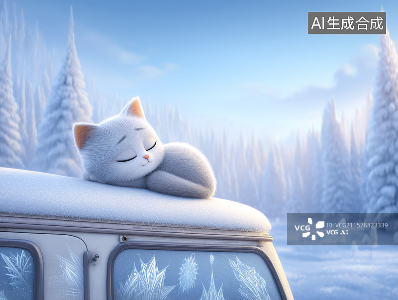 【AI数字艺术】冬日雪景中的小猫图片素材