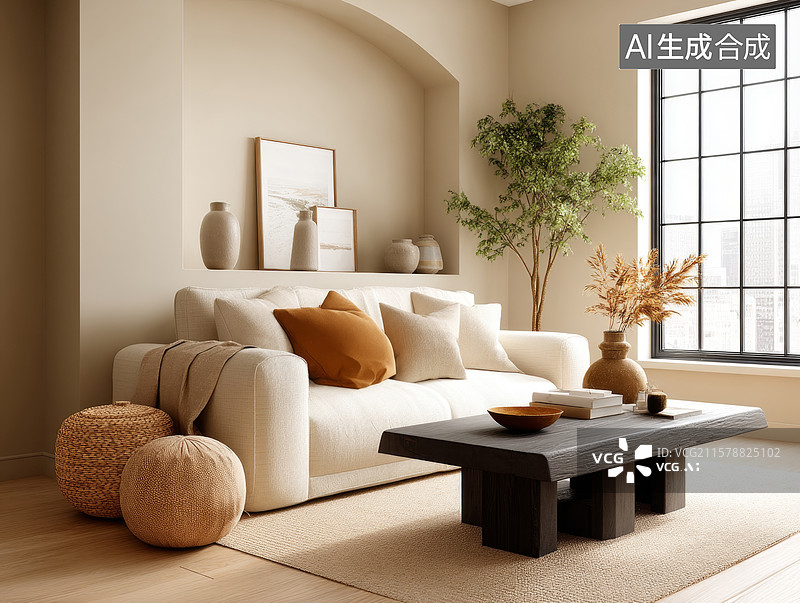 【AI数字艺术】温馨现代客厅布置图片素材