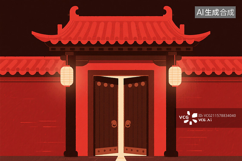 【AI数字艺术】道观、宫廷红色的大门扁平插画图片素材
