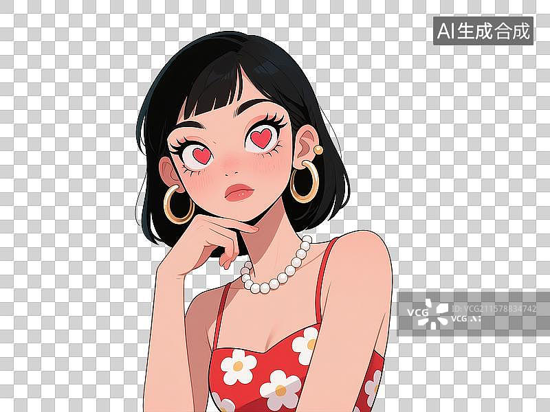 【AI数字艺术】夸张造型托腮思考的卡通亚洲女性图片素材