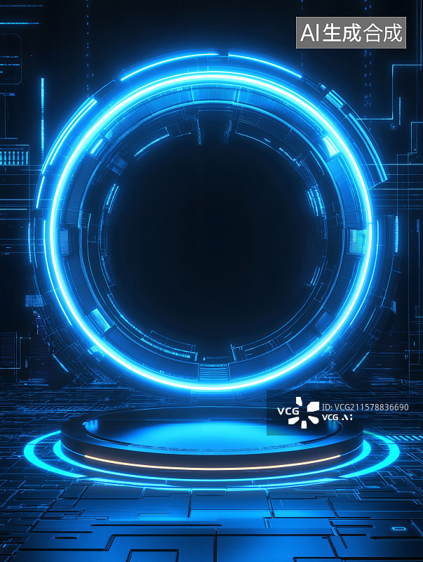 【AI数字艺术】蓝色商务机械光线科幻未来通道隧道插画背景图片素材