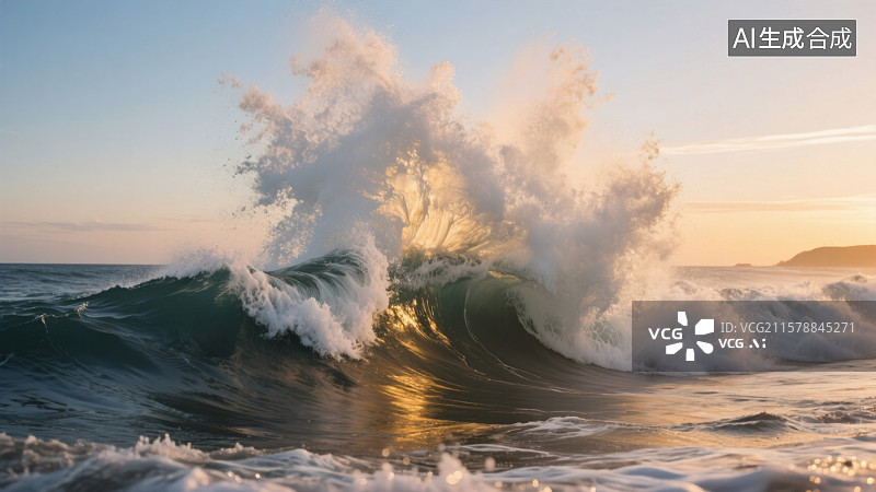 【AI数字艺术】黄昏中的海浪，夕阳下的惊涛巨浪，浪管，冲浪图片素材