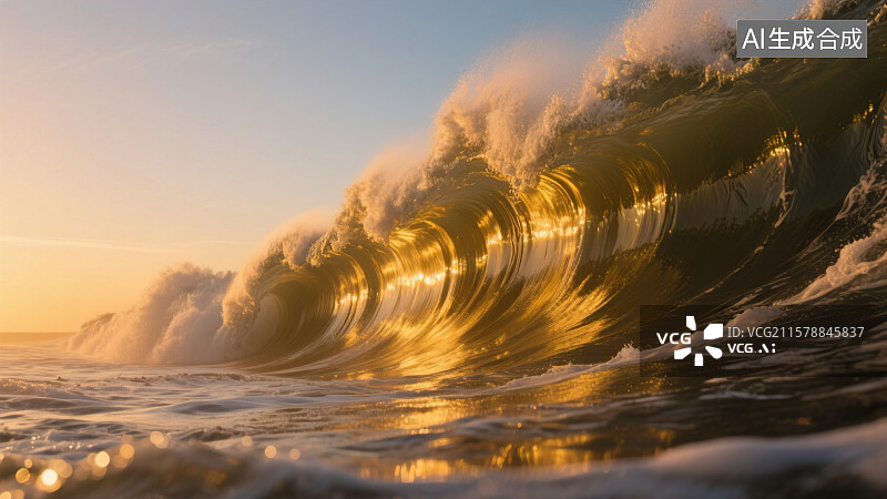 【AI数字艺术】黄昏中的海浪，夕阳下的惊涛巨浪，浪管，冲浪图片素材