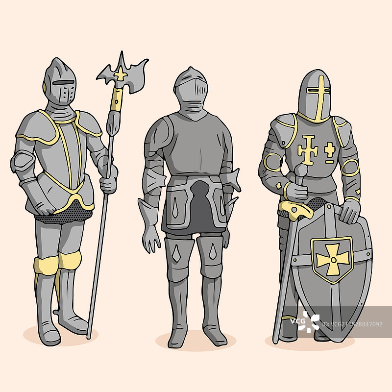 一组装备盔甲的战士，手持盾牌和其他武器图片素材