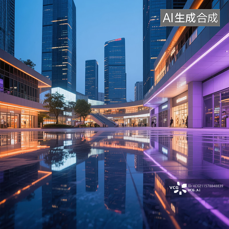 【AI数字艺术】现代都市夜景，高楼与商业街倒影图片素材