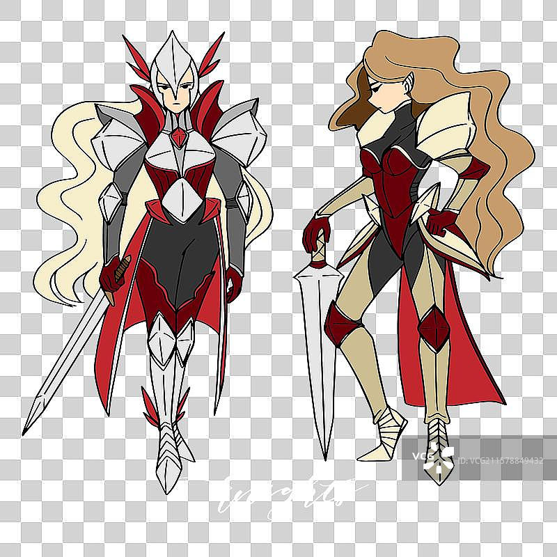 一组手绘的女战士，手持剑。图片素材