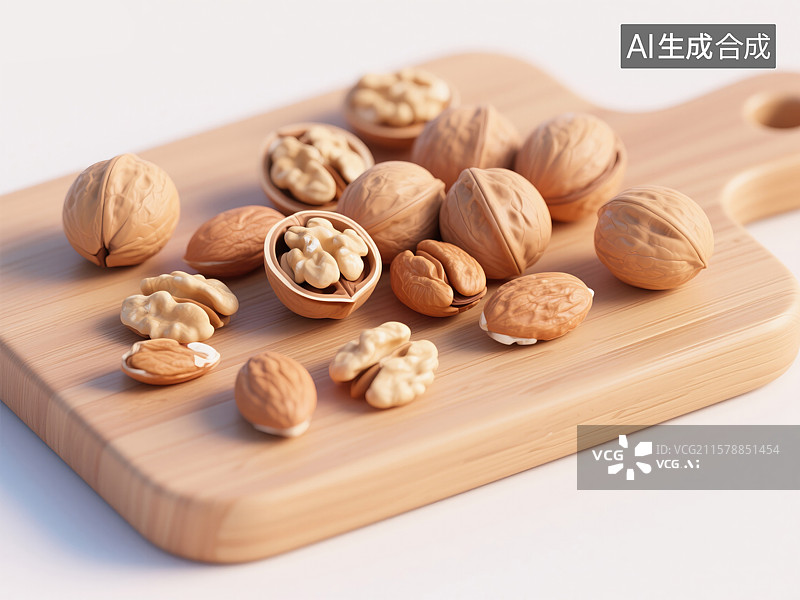 【AI数字艺术】营养坚果组合3D插画健康早餐和宵夜在砧板上创意美食艺术健康理念和膳食补充包装广告白色背景图片素材