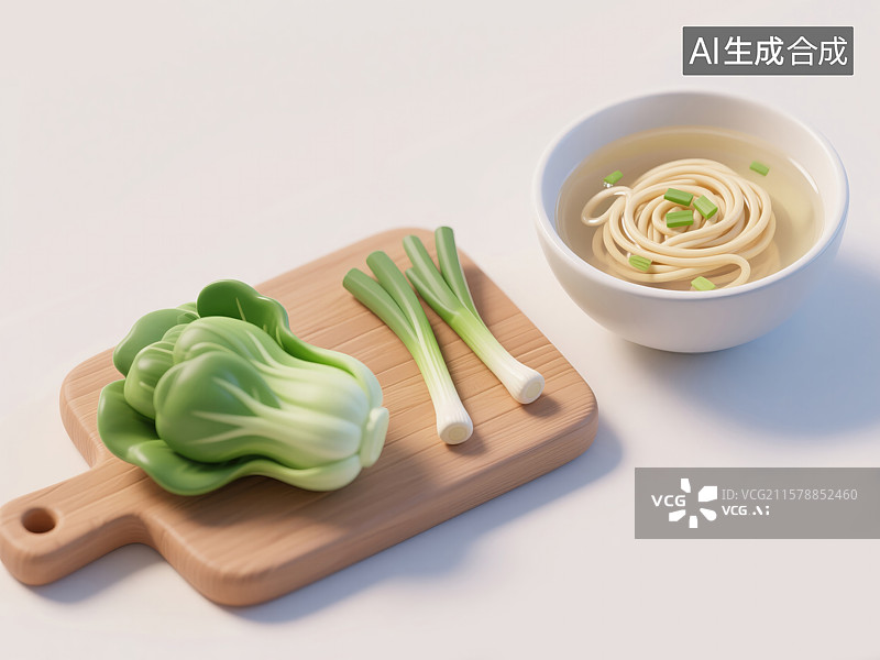 【AI数字艺术】创意烹饪砧板上新鲜蔬菜与面汤3D插画食品行业烹饪书封面健康活动抽象商业背景美食图片素材