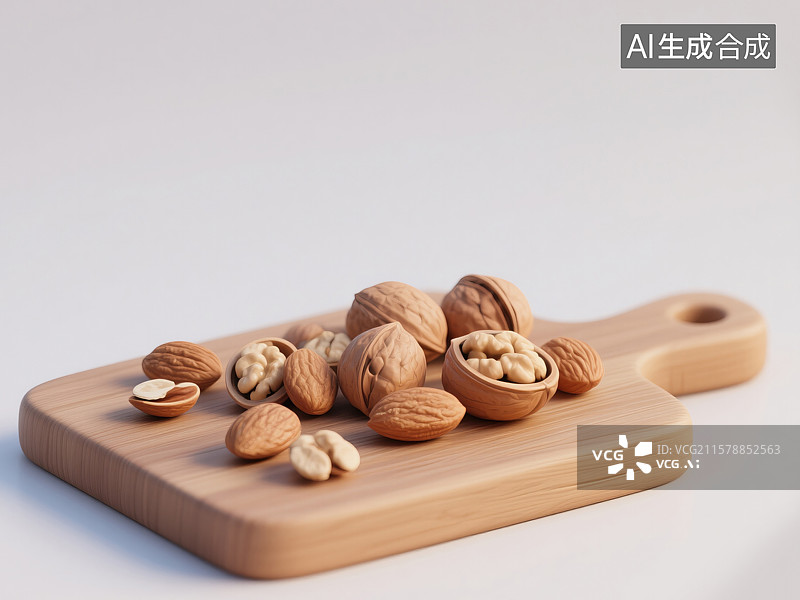 【AI数字艺术】营养坚果组合3D插画健康早餐和宵夜在砧板上创意美食艺术健康理念和膳食补充包装广告白色背景图片素材