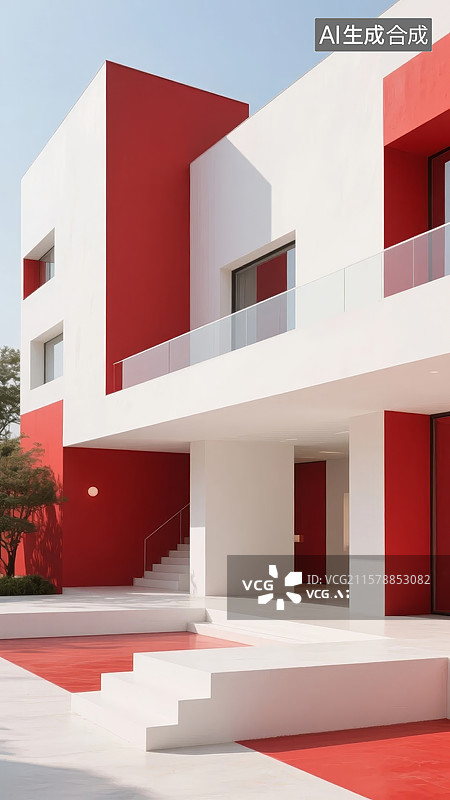 【AI数字艺术】现代红白建筑外观图片素材