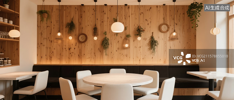 【AI数字艺术】温馨木质墙面的现代餐厅图片素材