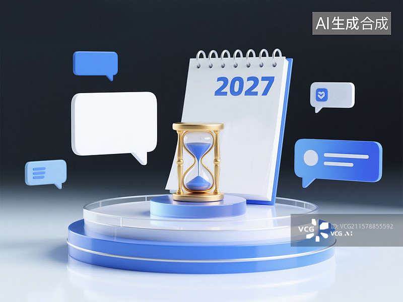 【AI数字艺术】2027年金融时间管理圆形平台上金色沙漏3D插画日历和对话框抽象商业背景经济规划和策略图片素材
